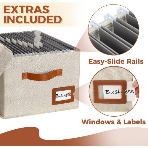 Ivory 2pack set Storage Standard 2-Pack File Organizer Box with Lid - Collapsible Hanging Linen Document Organizer Portable File Boxes, Lightweight & Portable Filing Box Crates with Handles & Extras, Ivory