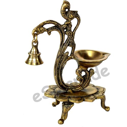 eSplanade - 8 - Peacock Diya with Bell - Lotus Shaped Round Brass Diya | Oil Lamp Deepam | Home Decor | Kuthu Vilakku | Oil Lamps for Home and Office