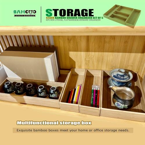 Stack Bamboo Drawer Organizer Set of 5, Kitchen Utensil, Flatware&Silverware Organizer-Wood Laminated Stackable for Kitchen, Bedroom, 13.4''x4.5''*2 10.2''x3.3''*2 10.2''x6.7''*1
