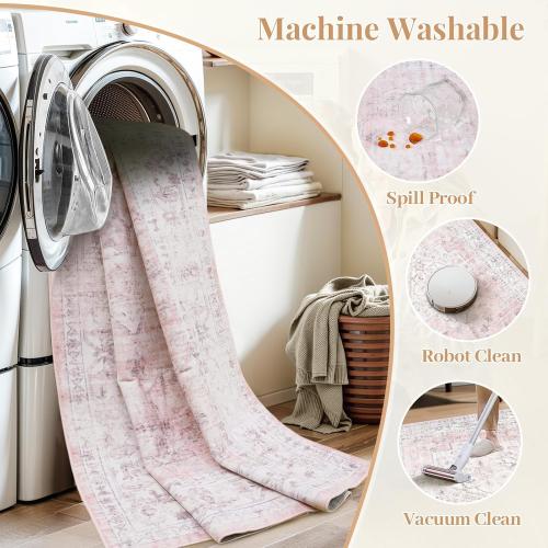 LIVEBOX Pink 8x10 Area Rug for Bedroom Girls, Boho Washable Rugs for Living Room Nursery, Non-Slip Indoor Soft Carpet Low-Pile Farmhouse Carpets for Dining Room Kids Playroom, Pink