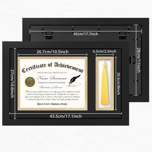 Picrit 11x17 Wood Diploma Frame with Tassel Holder for 8.5x11 Certificate/Degree Document with Tempered Glass, Black over Gold Mat