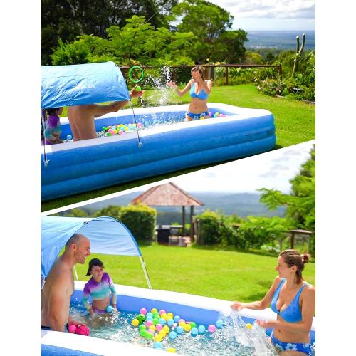 Large Inflatable Swimming Pool with Canopy, 150” x 70” x 20” Full-Sized Inflatable Pool for Kids & Adults, Kiddie Pool with Sun Shade, Blow Up Pool for Backyard, Garden, Age 3 , Blue
