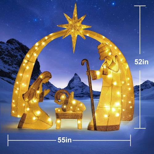 Christmas Decorations 55-inch Illuminated 2D Outdoor Nativity Scene, Christmas Arch Holy Family Yard Decoration, Includes LED Lights, Ground Pegs, and Cable Ties.