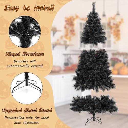 HAPPYGRILL 8 FT Pre-lit Black Christmas Tree, Artificial Halloween Tree w/860 Branch Tips, Frosted Pine Needles, 450 White LED Lights, Folding Metal Stand & Gloves, Hinged Xmas Tree for Carnival