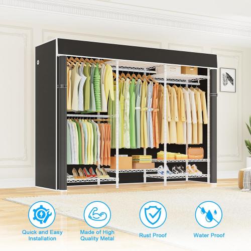 Ulif E13C Heavy Duty Closet Organizer System，Freestanding Clothing Racks for Hanging Clothes，Adjustable Garment Rack 63 W x 16 D x 77 H Hold 960 lbs，White Clothing Rack with Black Dustproof Cover
