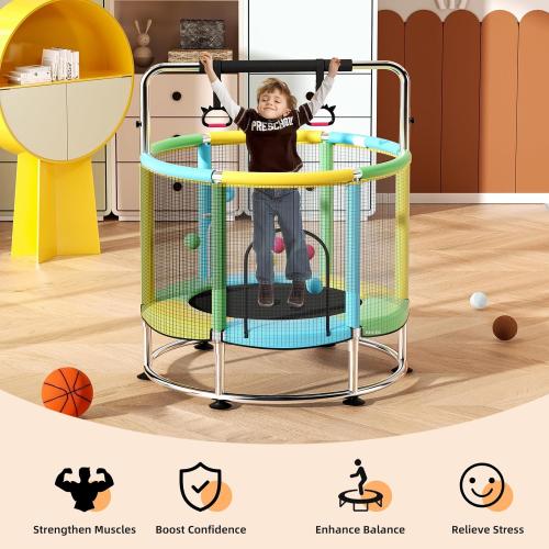 55 Trampoline for Kids,Up to 440 Ibs Mini Trampoline with Anti-Rollover Round Bottom,Indoor & Outdoor Toddler Trampoline with Safety Enclosure,Adjustable Gymnastics Bars,Basketball Hoop