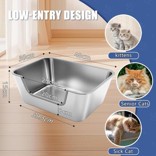 Stainless Steel Cat Litter Box with Low Entry,Litter Pan for Small and Medium Cats,Easy to Clean,Non-Stick,Odor-Free,Suitable for Kittens,Senior Cats and Injured Pets,15.7x11.8x5.9