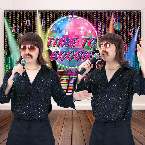 morvally 5pcs Set 70s 80s Disco Wig with Mustache Glasses and Chain | Short Brown Mens Mullet Wig for 60s Singer Rocker Hippies Costume Cosplay Halloween Party