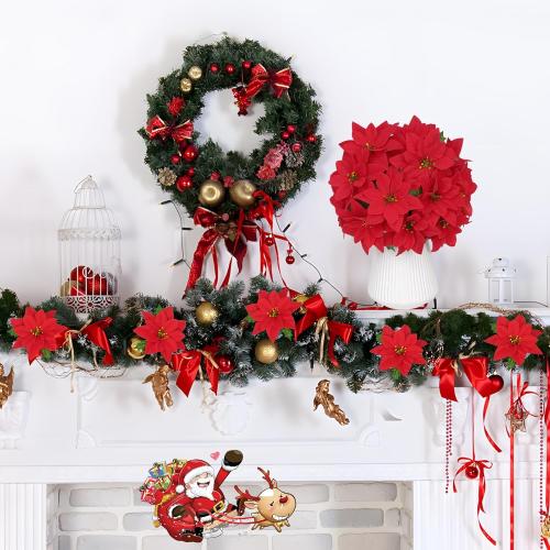 Artflower Christmas Decorations - 6 Pack Poinsettias Artificial Christmas Flowers, Fake Red Velvet Artificial Poinsettias Flowers for Christmas Tree Home Party Porch Yard Indoor Outdoor Decor