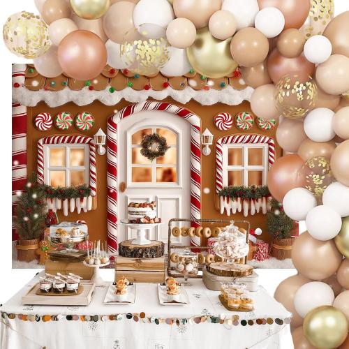 Mocsicka Gingerbread Christmas Backdrop Christmas Candy Cane Party Background Decorations Gingerbread House Family Holiday Party Photography Decorations Props (7x5ft)