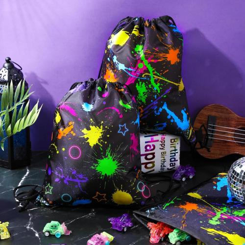 Yiyiring 16 Pcs Glow in the Dark Gift Bags Neon Treat Drawstring Bags for Glow Party Supplies Birthday Travel Camping Decor(Neon Party)