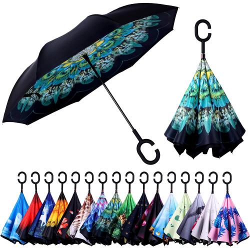 Inverted Umbrella, Windproof Reverse Umbrellas for Rain with Reversible Inside-Out Design Large Upside Down Umbrella for Women & Men with C-shaped Handle (Peacock)