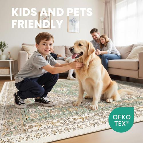 zesthome 8x10 Area Rugs for Living Room,Non-Slip Backing Washable Rugs,Vintage Large Area Rug，Stain Resistant Home Decor Rug (Green/Brown,8'x10')