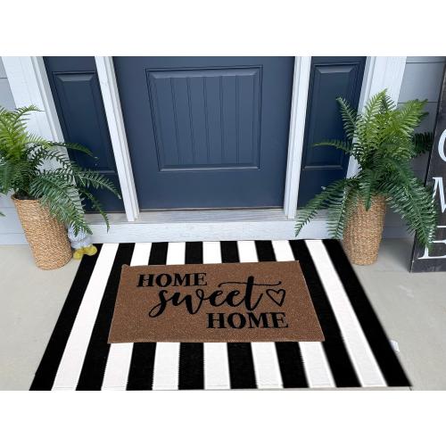 Size Large Color Black and White Area Rug  Striped Front Door Mat Front Porch Rug Hand-Woven Machine Washable Indoor/Outdoor Layered Door Mats for Entryway/Bedroom/Outdoor