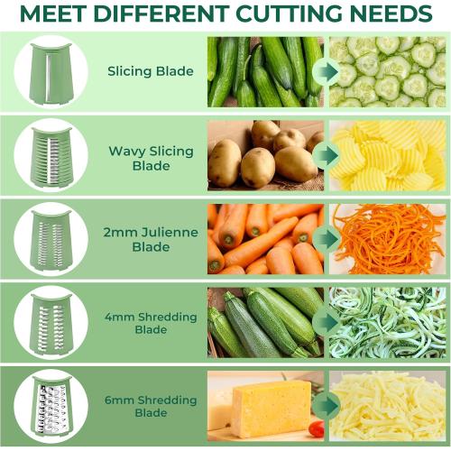 SUSTEAS Rotary Cheese Grater with Handle - Vegetable Shredder with 5 Well-designed Blades & Strong Suction Base,Round Mandoline Slicer & Food Chopper for Kitchen,with Blade Storage Box(Retro Green)