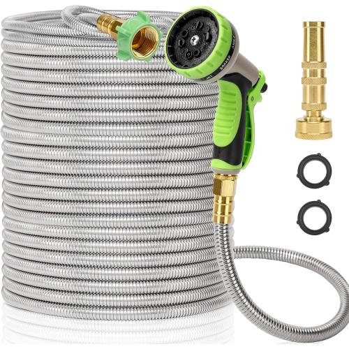 Metal Garden Hose 100FT, Stainless Steel Heavy Duty Water Hose with 10 Function Nozzle & Brass Nozzle, Sturdy and Lightweight, No Kink & Tangle, Easy to Use & Store, Suitable for Yard and Lawn