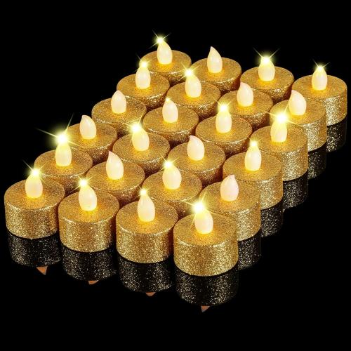 Mudder 24 Pieces Gold Tea Lights LED Candles Tealights Flameless Votive Battery Operated Tea Lights Electric Glitter Tealight for Holiday, Festival Gift, Wedding, Birthday,Home, Party Decor