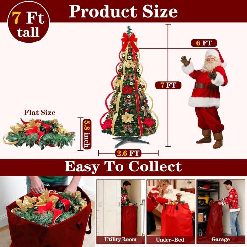 7Ft Pop Up Christmas Tree,Prelit 250 Warm White LED Lights,1 Minute Pull Up,Fully Decorated 84 Ornaments,8 Lighting Modes & Timer,Fire-Resistant,Foldable,Collapsible Outdoor Indoor Holiday Party Decor