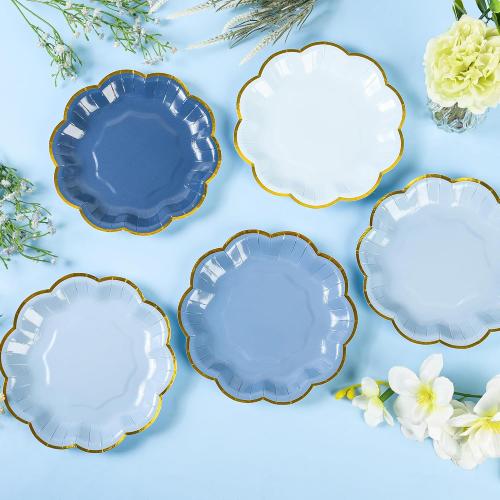 24 Pcs Dusty Blue Scalloped Paper Dessert Plates, 7 Inch, Gradient Blue | Gold Foil Edge, Disposable Party Plates, Snack Cake Plate for Birthday Bridal Baby Shower Wedding Xmas Party Supplies