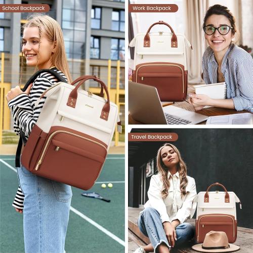 LOVEVOOK Leather Backpack for Women,17 inch Leather Laptop Backpack Women,Professional Work Backpack Nurse College Teacher Bag,Womens Laptop Tote Bag Computer Travel Backpack Purse,Beige White-Brown