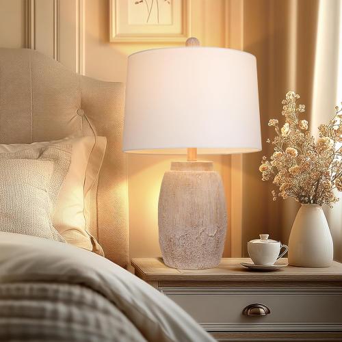 QiMH Farmhouse Table Lamps for Living Room, Bedside Lamps for NightStand, 23 Rustic Vintage Table Lamp with Natural Earth Finish, End Table Lamp for Bedroom Reading Office Entryway, Included LED Bulb