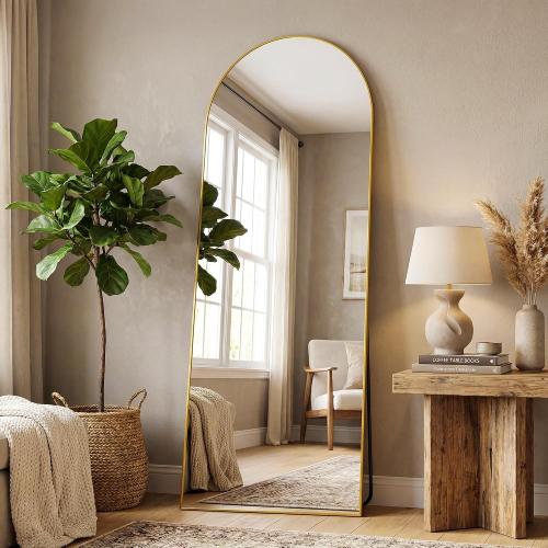 Arched Full Length Floor Mirror, Gold Aluminum Frame, Free Standing/Wall Mount/Leaning for Bedroom, Living Room, Dressing Room