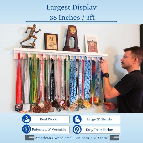 3ft Medal Hanger Display for Wall — Trophy Shelf with Hooks for Medals — 36 Solid Wood — Holds 30  Medals   Cased Medals for Running, Gymnastics, Cheer, Karate — White- Medal Awards Rack