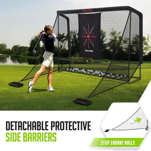 Zealfeel Golf Net, 10x7ft/8x8ft Golf Enclosure Net with Side Barriers/Auto-Ball Return, Low-Noise Target, Carry Bag, 4 Stakes, Hitting Practice Net for Backyard Driving Chipping Indoor Outdoor Use