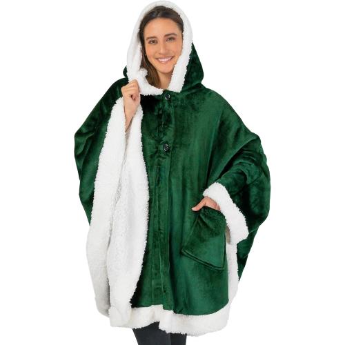 PAVILIA Sherpa Fleece Wearable Blanket for Adult Women, Cozy Plush Blanket Poncho Cape with Hood, Super Soft Shawl, Angel Wrap Throw for Office, Emerald Green