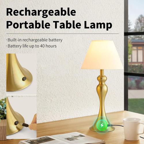 Mr.White Rechargeable Cordless Table Lamp with E26 LED Bulb, 5200mAh Battery Operated Portable Table Light with Fabric Shade, for Patio Restaurant Kitchen Bedside Living Room (Gold)