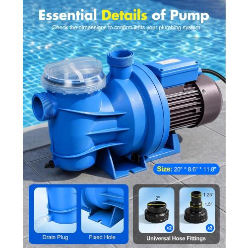 BluSwim 1.5 HP Self-Priming Pool Pump Max 6060GPH High Flow | 52FT Head Lift Energy Efficient, In/Above Ground Pool Pump with Hose Adapter, Boost Water Circulation & Filtration