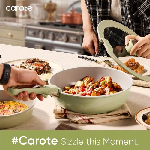 CAROTE 27pcs Ceramic Cookware Set Nonstick, Pots and Pans Set Non Stick, Non Toxic Cookware Detachable Handles, Dishwasher/Oven Safe, RV/Camping Cookware, Pan and Pot with Kitchen Utensils, Green