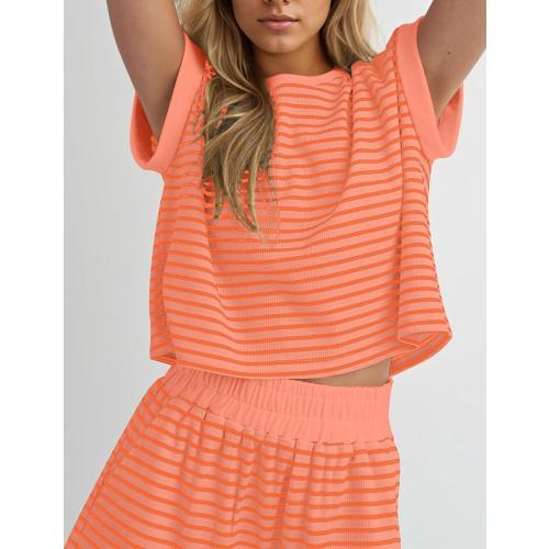MISSACTIVER 2 Piece Lounge Set Women Stripe Knit Short Sleeve Tee Shirts Shorts Casual Summer Loungewear Shorts Sets