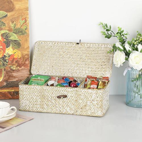 Hipiwe Seagrass Storage Basket Bin 3 Sections Hand-Woven Wicker Baskets with Lid Bathroom Basket Toilet Tank Baskets Holder for Organize Snack Tissue, Whitewash