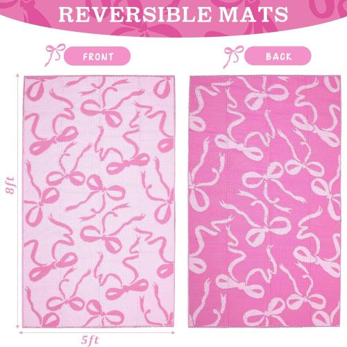 Nuanchu Outdoor Rug Plastic Straw Rugs 5x8 ft Pink Bow Camping Patio Rug Coquette Carpet Mat Indoor Outdoor Rv Mat for Valentines Outside Beach Pool Patio Backyard Deck