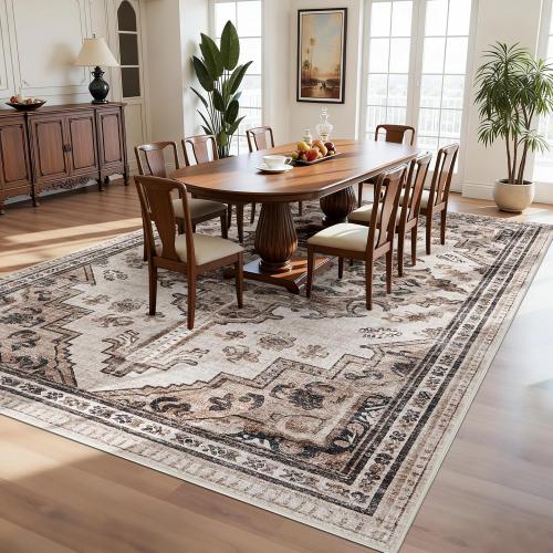 Joydeco 8x10 Area Rugs for Living Room, Non Slip Machine Washable Vintage Rug, Low Pile Chenille Print Rugs for Bedroom, Dining Room, Home Office, Pet & Child Friendly, Light Coffee