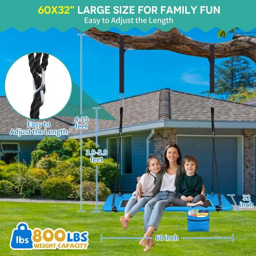 800lb 60 Large Platform Tree Swing for Kids Adults with Pocket, Anti-Sagging Outdoor Rectangle Flat Swing for Swing Set with Handles (Dark Blue)