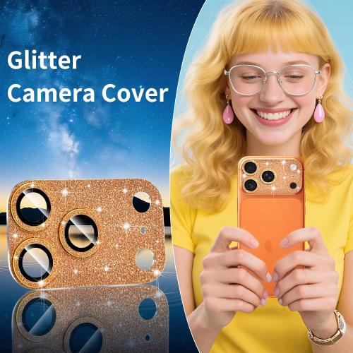Compatible with iphone 17 Pro Max Camera Lens Protector, Bling Glitter 9H Tempered Glass Anti Scratch Full Protective Len Cover, Orange