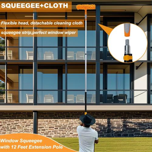 20 Ft  Reach 2 In 1 Window Squeegee Duster with 5-to-12 Foot Extension Pole, Cleaner Tool with 3-Stage Telescoping Pole, Cleaning Kit with Rotatable Head - Chenille Cloth   Microfibre Cloths Head