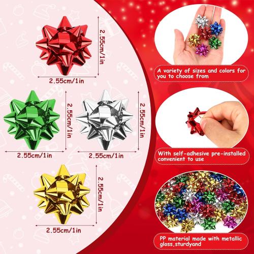 DECYOOL 1 Inch Mini Gift Wrap Bows, 200pcs Christmas Red Green Gold Silver Self Adhesive Metallic Bows for Holiday Christmas Birthday Party Favor Packaging Decorations