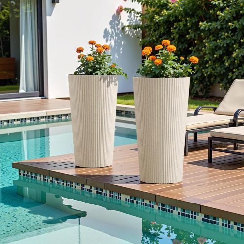 Tall Planters for Outdoor Plants Set of 2 - Fluted Large Outdoor Planters for Front Porch Decor with Drainage Hole, Plastic Round Flower Pots Fits Indoor Plants Patio/Garden, Beige