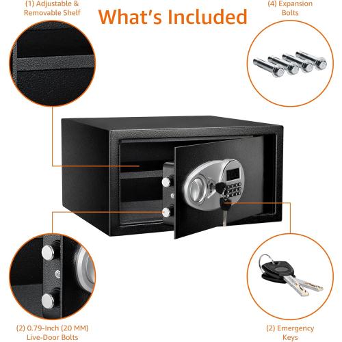 Amazon Basics Steel Security Safe and Lock Box with Programmable Electronic Keypad, for Valuables, Cash, Jewelry, Documents, Black, 1 Cubic Foot, 16.9-x-14.6-x-9.1-inches (WxDxH)