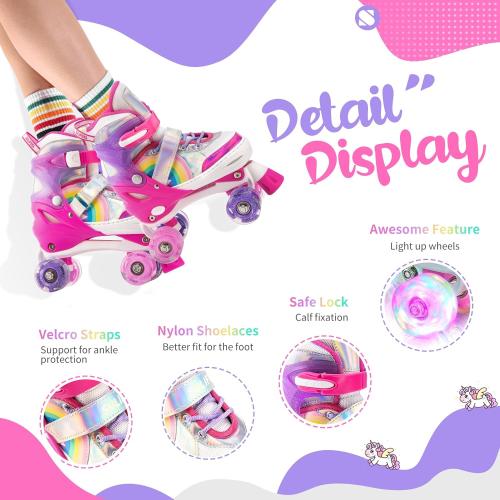 SULIFEEL Rainbow Unicorn 4 Size Adjustable Roller Skates for Girls Boys for Kids Ages 3-5 5-8 6-12 Children Skates Indoor Outdoor
