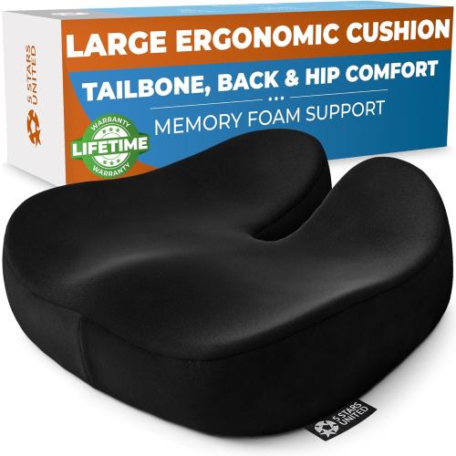 5 STARS UNITED Seat Cushion for Tailbone Pain Relief – Large Memory Foam Cushion for Coccyx, Hip, Sciatica & Post-Surgery Recovery – Wheelchair, Car, Desk, Gaming & Office Chairs, Black, XX-Large