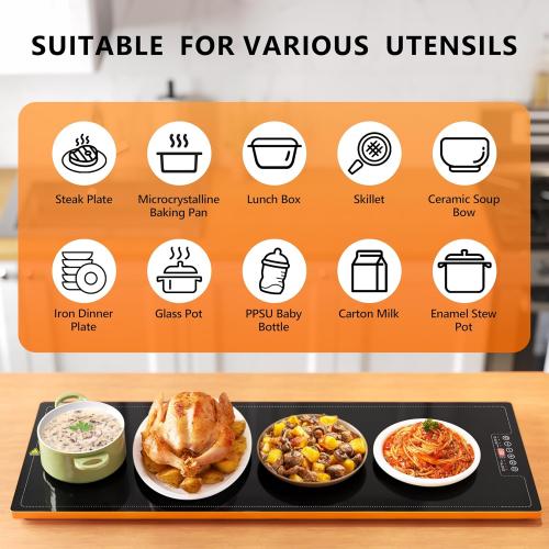 Food Warming Tray for Parties Buffet, 40x14 Extra Large Long Glass Top Electric Warmer Mat with 9 Temp Settings and Timer, Buffet Servers and Warmers, Food Heater Hot Plate for Catering Gathering