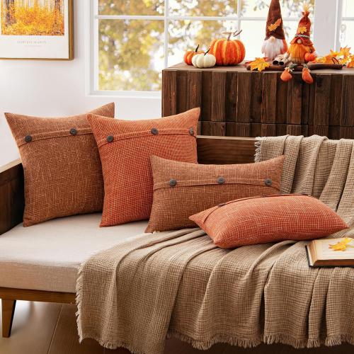 MIULEE Set of 2 Linen Throw Pillow Covers Cushion Case Fall Triple Button Vintage Farmhouse Pillowcase for Couch Sofa Bed Living Room 20 x 20 Inch Rust