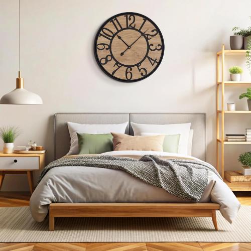 Maxstar Wall Clock for Living Room,Metal & Wood Silent Rustic Farmhouse with Arabic Numeral, Battery Operated Wall Clocks Decorative for Bedroom Office Home Decor 13inch Black