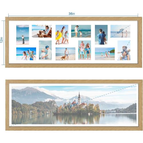 12x36 Picture Frame 2 Packs, Real Glass and Natural Oak Wood Frame, Display Collage Pictures Twelve 4x6 With Mat or Pennant 12 x 36 Without Mat - Horizontal or Vertical Wall Mounting