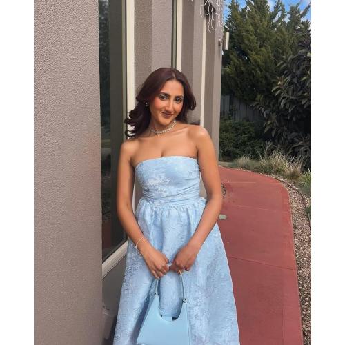 Jacquard Satin Prom Dresses Tea Length Sleeveless Tube Top Strapless Formal Evening Party Gowns