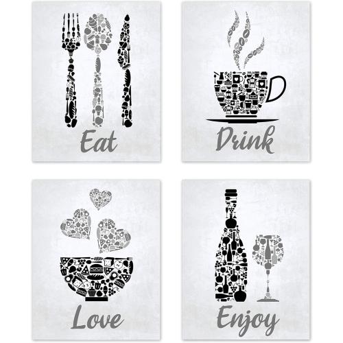 Black Grey White Mosaic Vintage Inspirational Kitchen Restaurant Cafe Bar Wall Art Decorations Eat Drink Love Wine Coffee Hearts Prints Posters Signs Sets for Rustic Farmhouse Country Home Dining